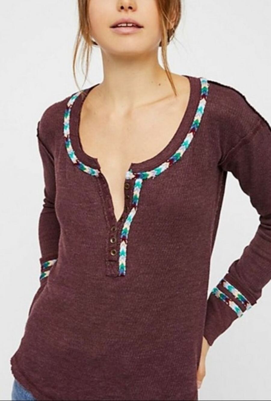 We The Free x Free People Rainbow Thermal Henley Top in Wine Women's XS Boho